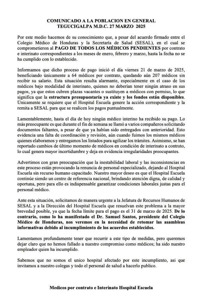 Médicos del Hospital Escuela exigen pagos atrasados y amenazan con paro nacional 1 ComunicadoMedicosInternos LaTribuna