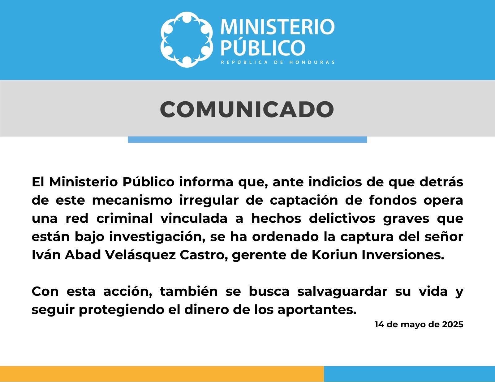 Capturan a Iván Velásquez, gerente de Koriun Inversiones, por lavado de activos y posesión de armas 2 Comunicado captura Inversiones Koriun LaTribuna