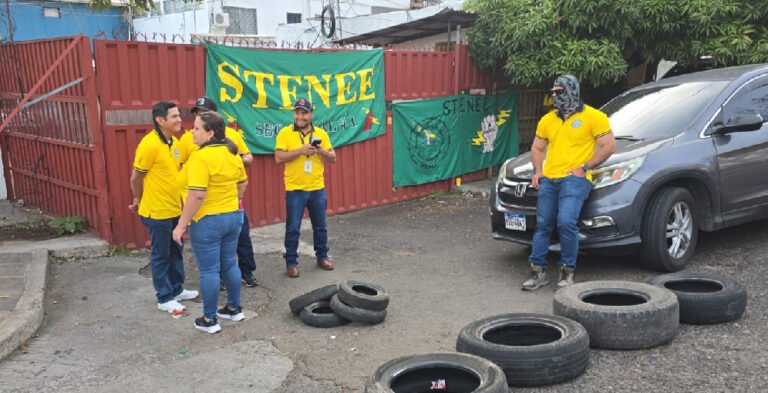Empleados del STENEE protestan por incumplimientos laborales en la ENEE 15 Miembros del STENEE protestan exigiendo respeto a sus derechos laborales La Tribuna