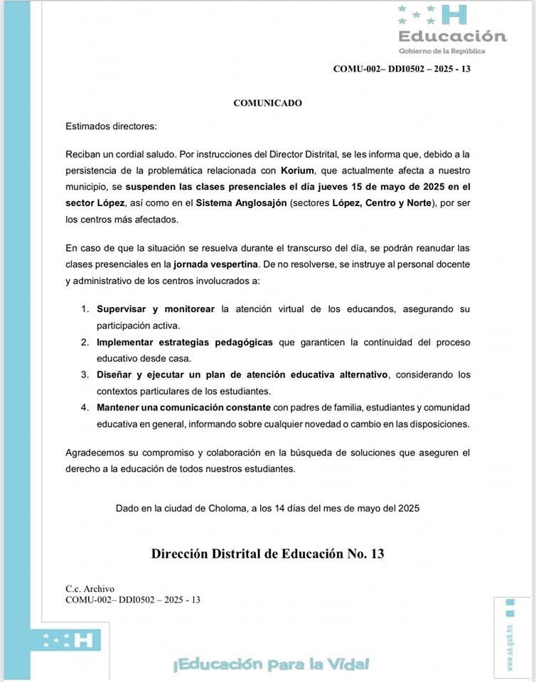 Suspenden clases presenciales en sectores de Choloma por crisis relacionada con empresa Koriun 2 Secretaria de Educacion Choloma