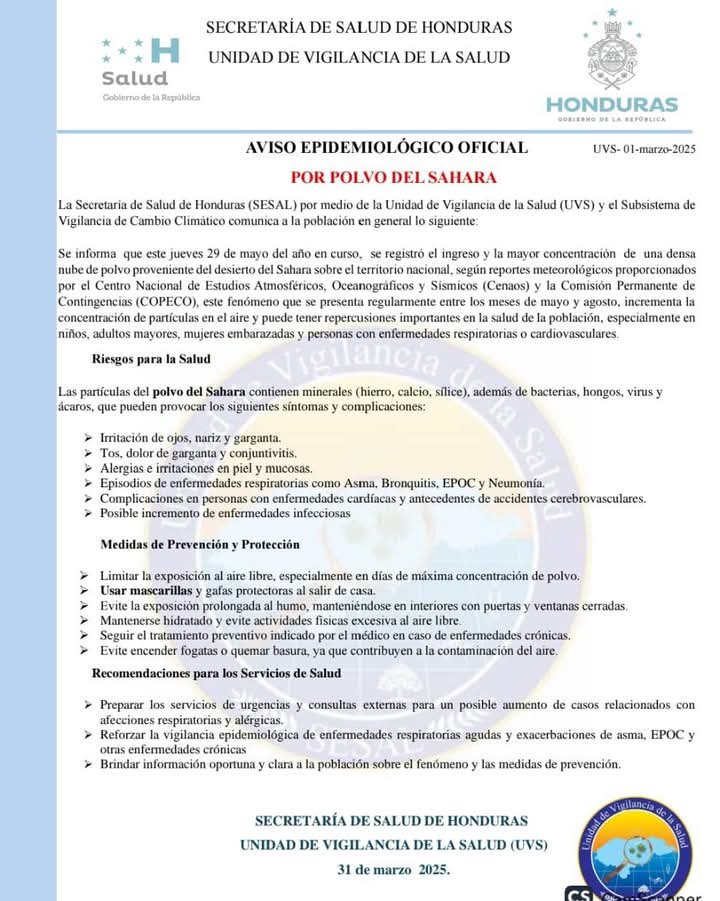 Secretaría de Salud emite aviso por alta concentración de polvo del Sahara en Honduras 1 WhatsApp Image 2025 05 31 at 11.12.09