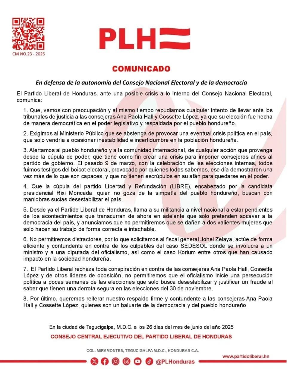 Partido Liberal respalda a consejeras Hall y López ante posibles acciones judiciales 1 Comunicado PL respalda a consejeras LaTribuna