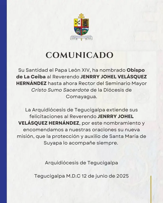 Papa León XIV nombra a Jenrry Velásquez como nuevo obispo de La Ceiba 2 Jenrry Velasquez Hernandez nuevo obispo de la Diocesis de La Ceiba el primer nombramiento del Papa Leon XIV para Honduras
