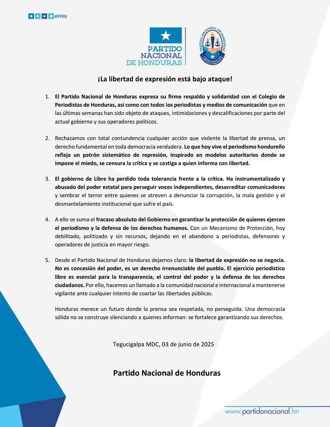 Partido Nacional acusa al gobierno de Libre de atacar la libertad de expresión en Honduras 2 WhatsApp Image 2025 06 03 at 09.30.15