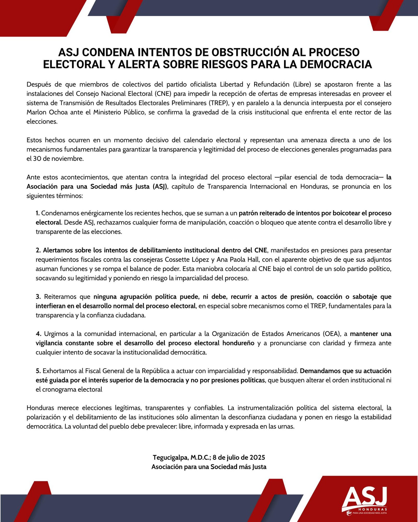 ASJ condena bloqueos y advierte riesgo para la democracia en Honduras 1 ASJ CNE ELECCIONES