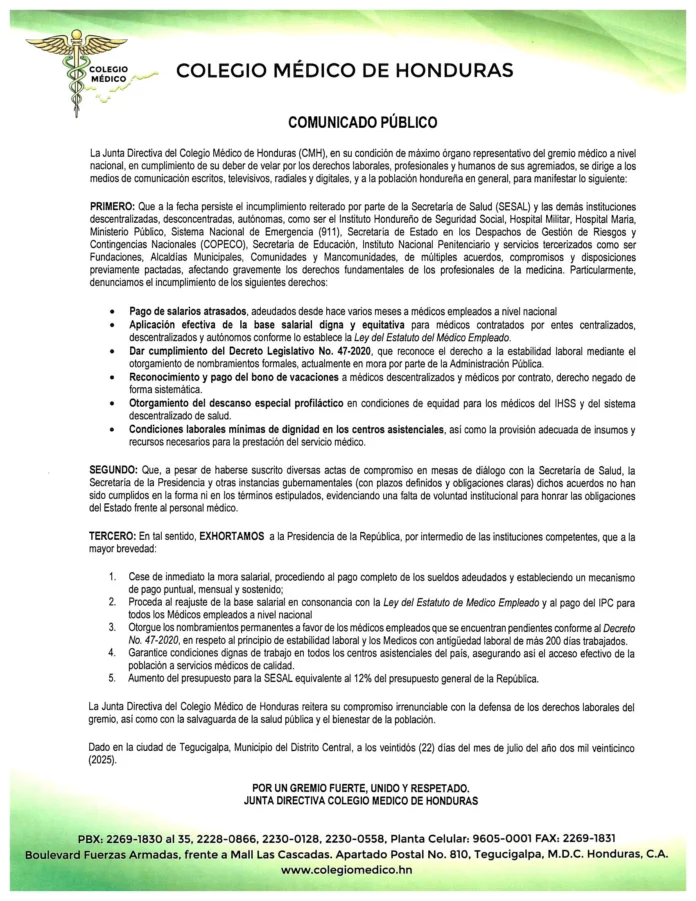 Médicos exigen al gobierno cumplir compromisos pendientes 1 COMUNICADO COLEGIO MEDICO