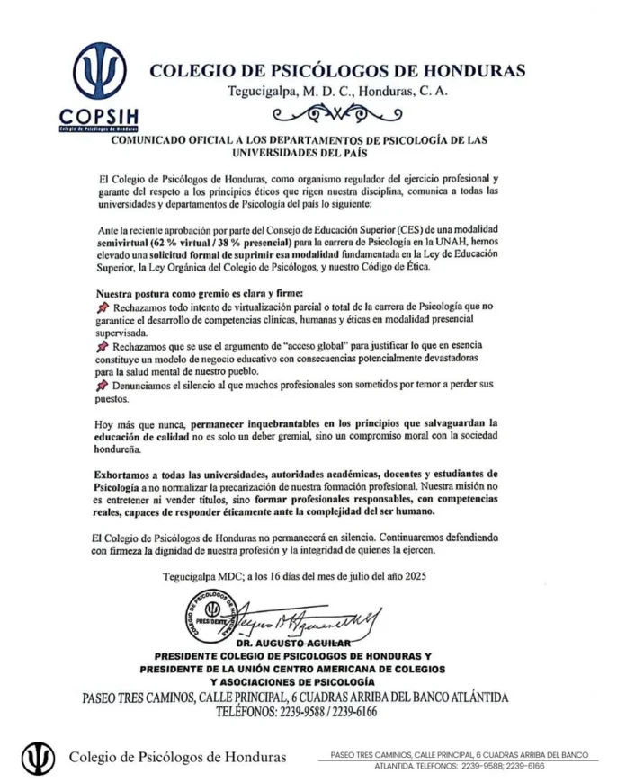 Colegio de Psicólogos se opone a modalidad virtual de la carrera en la UNAH 2 Comunicado Colegio de Psicologos
