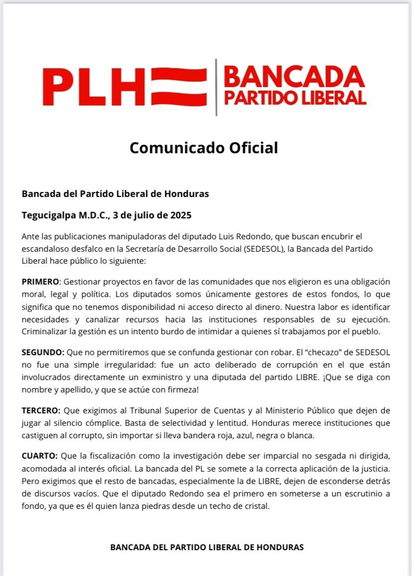 Partido Liberal responde a Redondo: “Gestionar no es robar” 1 WhatsApp Image 2025 07 03 at 11.18.25 AM 1