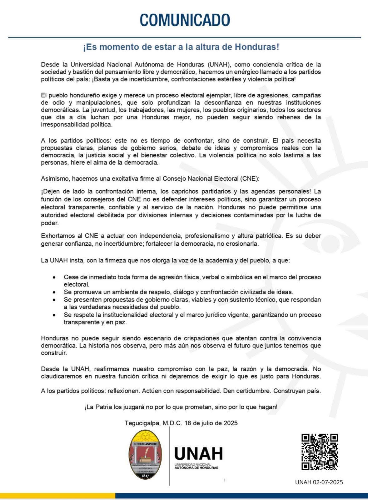 UNAH exige responsabilidad política y elecciones sin violencia ni manipulación 1 WhatsApp Image 2025 07 18 at 4.13.34 PM