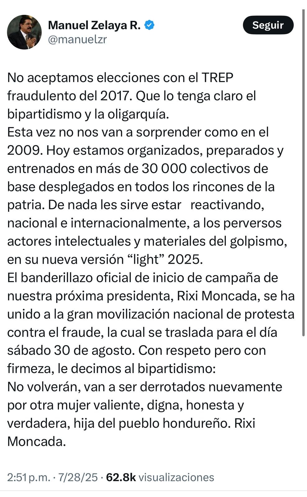 Mel Zelaya enciende polémica al rechazar el TREP y llamar a movilización contra el bipartidismo 1 WhatsApp Image 2025 07 29 at 2.19.42 PM