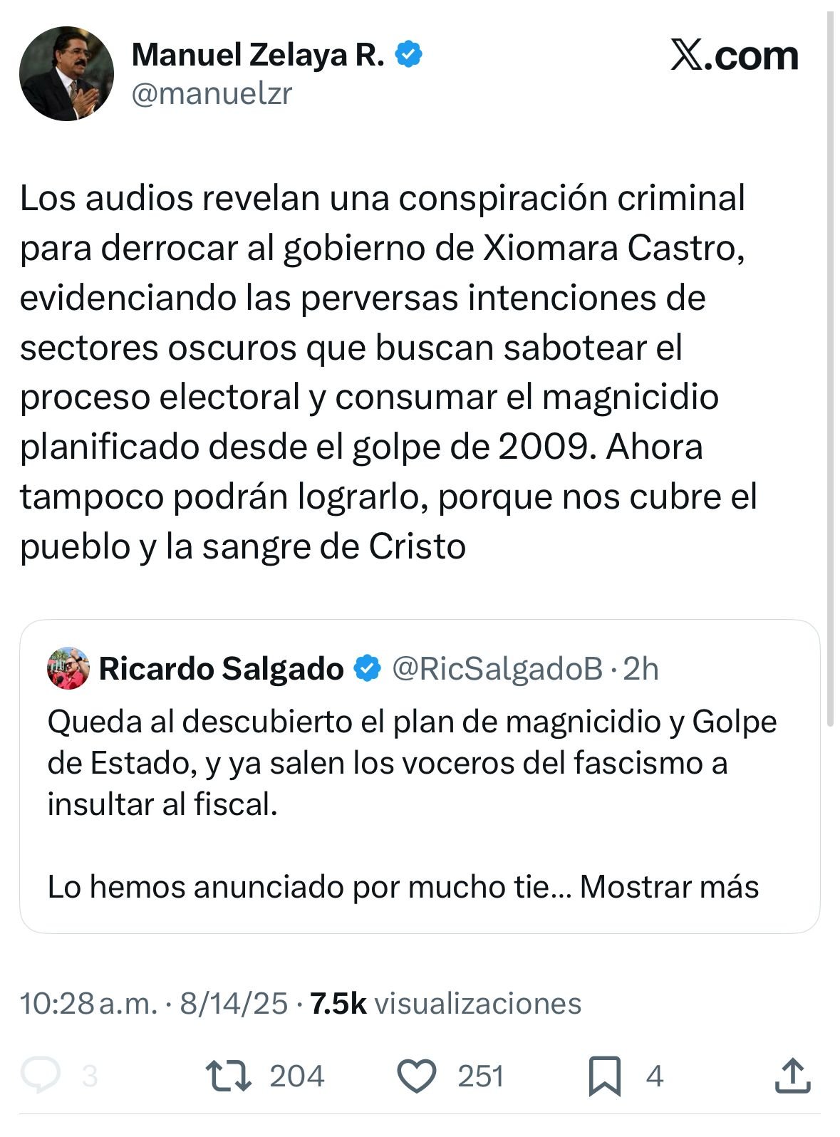Manuel Zelaya denuncia conspiración contra el gobierno de Xiomara Castro a través de audios 2 WhatsApp Image 2025 08 14 at 11.37.04 AM