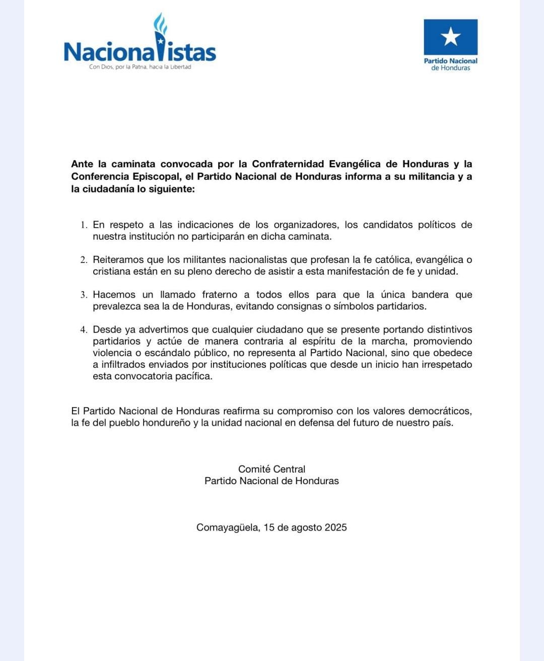Partido Nacional no participará oficialmente en caminata por la paz 2 WhatsApp Image 2025 08 16 at 9.01.57 AM