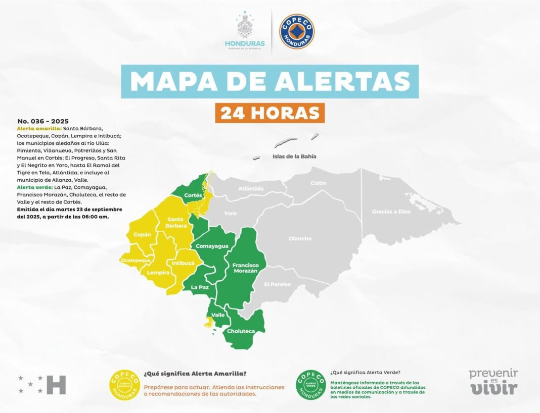 Alerta por lluvias: 9 departamentos bajo advertencia amarilla en Honduras 2 Mapa de alertas 1068x818 1