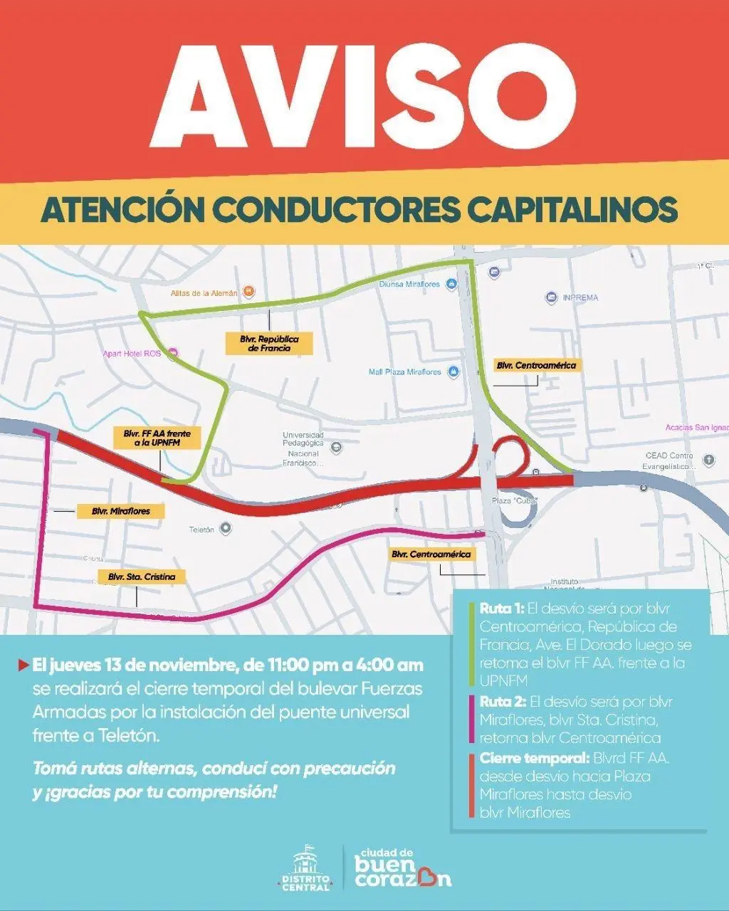 Instalarán puente Teletón y cerrarán tramo del bulevar Fuerzas Armadas 1 aviso.jpg